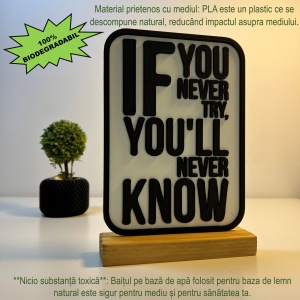 Decoratiune Casa, If you never try, you'll never know – DECORADI®, Eco-friendly, Baza din Lemn Natural, Cadou motivational, Design Abstract, alb/negru 17cm – Decoratiune de interior cu Design Modern, Printat 3D din PLA(plastic biodegradabil) - Img 3