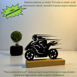 Decoratiune Casa, Motociclist – DECORADI®, Eco-friendly, Baza din Lemn Natural, Design Modern, Negru 11cm – Cadou sau Decoratiune de interior ideala pentru iubitorii de Moto, Printat 3D din PLA ECO(plastic biodegradabil) - Img 3