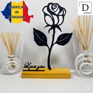 Decoratiune Casa, Trandafir LOVE YOU – DECORADI®, Eco-friendly, Baza din Lemn Natural, Cadoul Perfect pentru persoana IUBITA, Negru 22cm – Decoratiune de interior cu Design Modern, Printat 3D din PLA Eco (plastic biodegradabil) - Img 2