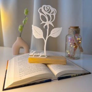 Decoratiune Casa, Trandafir LOVE YOU – DECORADI®, Eco-friendly, Baza din Lemn Natural, Cadoul Perfect pentru persoana IUBITA, Alb 22cm –Decoratiune de interior cu Design Modern, Printat 3D din PLA Eco (plastic biodegradabil)