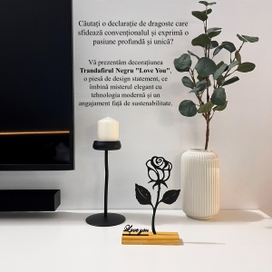 Decoratiune Casa, Trandafir LOVE YOU – DECORADI®, Eco-friendly, Baza din Lemn Natural, Cadoul Perfect pentru persoana IUBITA, Negru 22cm – Decoratiune de interior cu Design Modern, Printat 3D din PLA Eco (plastic biodegradabil) - Img 4