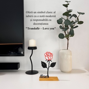 Decoratiune Casa, Trandafir LOVE YOU – DECORADI®, Eco-friendly, Baza din Lemn Natural, Cadoul Perfect pentru persoana IUBITA, Negru / Roz 22cm – Decoratiune de interior cu Design Modern, Printat 3D din PLA (plastic biodegradabil) - Img 4
