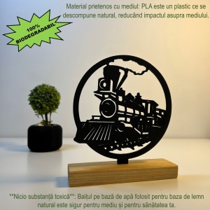 Decoratiune Casa, Tren clasic – DECORADI®, Eco-friendly, Baza din Lemn Natural, Design Modern, Negru 16cm – Cadou sau Decoratiune de interior ideala pentru iubitorii de calatorii, Printat 3D din PLA ECO (plastic biodegradabil) - Img 3