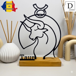 Decoratiune Casa, zodia TAUR – DECORADI®, Eco-friendly, Baza din Lemn Natural, Design Abstract, Negru 19.5 cm – Cadou sau Decoratiune de interior cu design modern, Printat 3D din PLA Eco (plastic biodegradabil) - Img 2