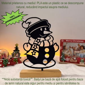 Decorațiune Crăciun, Omulet de Zăpadă – Eco-friendly, Baza din Lemn Natural, Negru 21.5cm, Handmade, Decor Interior Birou, Sufragerie, Cadou Crăciun, Printat 3D din PLA Eco (plastic biodegradabil), DECORADI® - Img 4