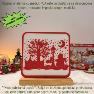 Decorațiune Crăciun, Peisaj de Iarnă – Eco-friendly, Baza din Lemn Natural, Alb/Rosu, 17cm, Handmade, Decor Interior Birou, Sufragerie, Cadou Crăciun, Printat 3D din PLA Eco (plastic biodegradabil), DECORADI® - Img 4