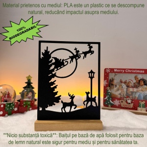 Decorațiune Crăciun Scenă cu Moș Crăciun și Reni – Eco-friendly, Baza din Lemn Natural, Negru 19cm, Handmade, Decor Interior Birou, Sufragerie, Cadou Crăciun, Printat 3D din PLA Eco (plastic biodegradabil), DECORADI® - Img 4