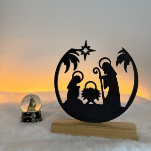 Decorațiune Crăciun, Scenă Nașterea Domnului – Eco-friendly, Baza din Lemn Natural, Negru 17cm, Handmade, Decor Interior Birou, Sufragerie, Cadou Crăciun, Printat 3D din PLA Eco (plastic biodegradabil), DECORADI® - Img 2