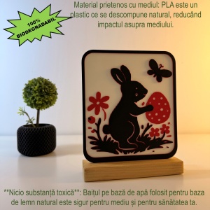 Decoratiune de Paste, Iepuras, Eco-friendly, Baza din Lemn Natural, Multicolor, 19 cm, Handmade, Decor Interior Birou, Sufragerie, Cadou Paste, Printat 3D din PLA Eco (plastic biodegradabil), DECORADI® - Img 3