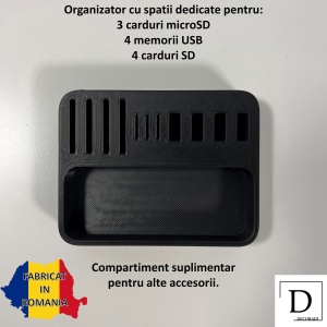 Organizator 4 Memorii USB, 4 Carduri SD, 3 Carduri MicroSD + Minitavita, Multifunctional, Negru, 9 X 7 cm, imprimat 3D din PLA (Bioplastic) - Img 2