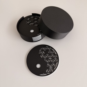 Set 6 suporturi / coastere pahare, Yin Yang, rotund, diametru 9 cm, alb / negru, cutie inclusa, imprimate 3D