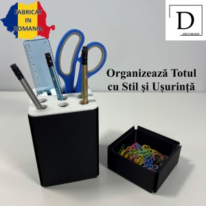 Set organizator de birou multifunctional, Suport 6 instrumente de scris si accesorii (12 X 9 X 9 CM) + Cutiuta suplimentara cu capac (4 X 9 X 9 CM), Alb/Negru, imprimat 3D din PLA (Bioplastic) - Img 2
