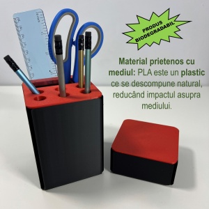 Set organizator de birou multifunctional, Suport 6 instrumente de scris si accesorii (12 X 9 X 9 CM) + Cutiuta suplimentara cu capac (4 X 9 X 9 CM), Rosu/Negru, imprimat 3D din PLA (Bioplastic) - Img 3