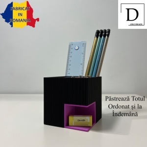 Suport articole birou 2 in 1, Multifunctional, Suport instrumente de scris si accesorii + compartiment inferior fix, Mov/Negru, 8 CM, imprimat 3D din PLA (Bioplastic) - Img 2