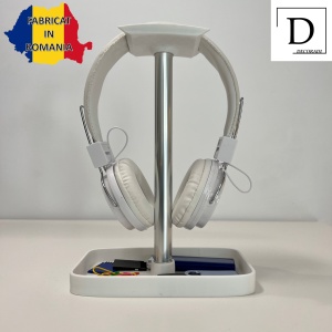 Suport pentru casti de birou cu tavita, Alb, Aluminiu eloxat, imprimat 3D din PLA (Bioplastic), Material moale - Img 2