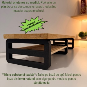 Suport pentru monitor, polita suplimentara, 60 X 20 X 12 CM, Picioare printate 3D din PLA (Bioplastic), Negru, Panou din lemn natural (Fag) - Img 3