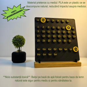 Calendar decorativ birou – Perpetuu, DECORADI®, Eco-friendly, Baza din Lemn Natural, Design Abstract, negru / galben, 23cm – Cadou sau Decoratiune de interior cu design modern, Printat 3D din PLA ECO (plastic biodegradabil) - Img 3