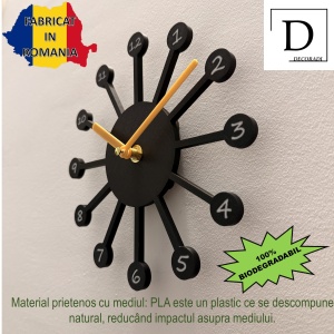 Ceas de perete - Mecanism SILENTIOS – DECORADI®, Eco-friendly, Design Abstract, Negru 20 cm – Cadou sau Ceas de camera decorativ cu design modern, Printat 3D din PLA Eco (plastic biodegradabil) - Img 2