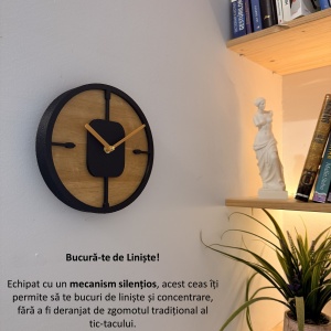 Ceas decorativ de perete, Mecanism SILENTIOS, DECORADI®, Diametru 21 cm, Cadran din LEMN NATURAL, Eco-friendly, Design Modern, Negru, Printat 3D din PLA ECO(plastic biodegradabil) - Img 3