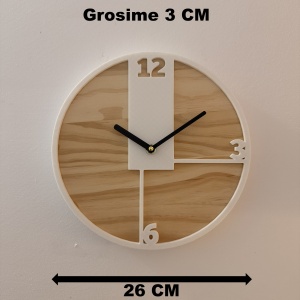 Ceas decorativ de perete, Mecanism SILENTIOS, DECORADI®, Diametru 26 cm, Cadran din LEMN NATURAL, Eco-friendly, Design Modern, Alb, Printat 3D din PLA ECO(plastic biodegradabil) - Img 6