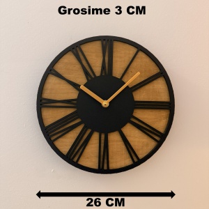 Ceas decorativ de perete, Mecanism SILENTIOS, DECORADI®, Diametru 26 cm, Afisare cu cifre Romane, Cadran din LEMN NATURAL, Eco-friendly, Design Modern, Negru, Printat 3D din PLA ECO(plastic biodegradabil) - Img 6