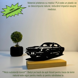 Decoratiune Casa, Legenda Mustang – DECORADI®, Eco-friendly, Baza din Lemn Natural, Cadou sau Decoratiune de interior pentru ideala iubitorii de masini, Design Modern, Negru 9 cm, Printat 3D din PLA Eco (plastic biodegradabil) - Img 3