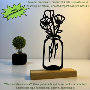 Decoratiune Casa, Vaza cu flori – DECORADI®, Eco-friendly, Baza din Lemn Natural, Design Abstract, Negru 21cm – Cadou sau Decoratiune de interior ideala pentru iubitorii de natura, Printat 3D din PLA Eco(plastic biodegradabil) - Img 3