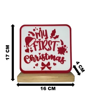 Decorațiune Crăciun, „My First Christmas”– Eco-friendly, Baza din Lemn Natural, Alb/Rosu, 17cm, Handmade, Decor Interior Birou, Sufragerie, Cadou Crăciun, Printat 3D din PLA Eco (plastic biodegradabil), DECORADI® - Img 6