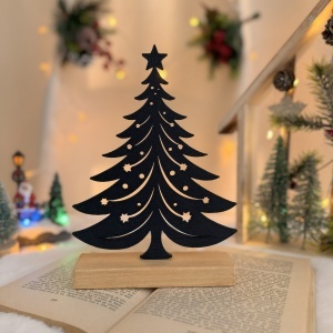 Decorațiune Crăciun, Brad– Eco-friendly, Baza din Lemn Natural, Negru 20.5cm, Handmade, Decor Interior Birou, Sufragerie, Cadou Crăciun, Printat 3D din PLA Eco (plastic biodegradabil), DECORADI®