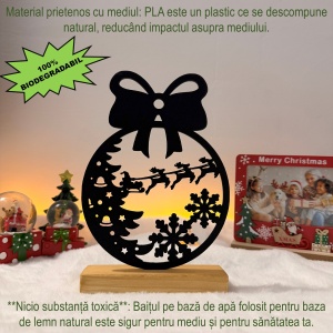 Decorațiune Crăciun, Glob cu Fundiță, Moș Crăciun și Fulgi de Zăpadă – Eco-friendly, Baza din Lemn Natural, Negru 22cm, Handmade, Decor Interior Birou, Sufragerie, Cadou Crăciun, Printat 3D din PLA Eco (plastic biodegradabil), DECORADI® - Img 4