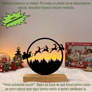 Decorațiune Crăciun, Moș Crăciun cu Renii – Eco-friendly, Baza din Lemn Natural, Negru 14.5cm, Handmade, Decor Interior Birou, Sufragerie, Cadou Crăciun, Printat 3D din PLA Eco (plastic biodegradabil), DECORADI® - Img 4