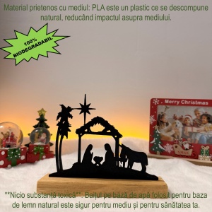Decorațiune Crăciun Nașterea Domnului– Eco-friendly, Baza din Lemn Natural, Negru 13cm, Handmade, Decor Interior Birou, Sufragerie, Cadou Crăciun, Printat 3D din PLA Eco (plastic biodegradabil), DECORADI® - Img 4