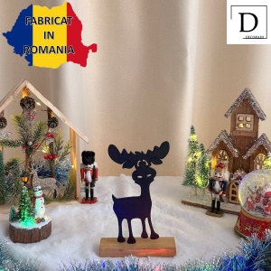 Decorațiune Crăciun, Ren – Eco-friendly, Baza din Lemn Natural, Negru, 21.5cm, Handmade, Decor Interior Birou, Sufragerie, Cadou Crăciun, Printat 3D din PLA Eco (plastic biodegradabil), DECORADI® - Img 3