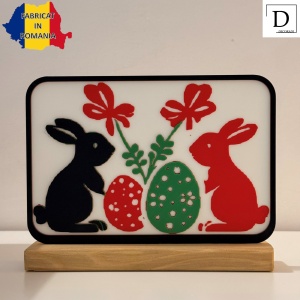 Decoratiune de Paste cu Iepurasi, Eco-friendly, Baza din Lemn Natural, Multicolor, 15 cm, Handmade, Decor Interior Birou, Sufragerie, Cadou Paste, Printat 3D din PLA Eco (plastic biodegradabil), DECORADI® - Img 2