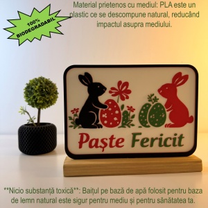 Decoratiune de Paste Fericit, Iepurasi si Oua colorate, Eco-friendly, Baza din Lemn Natural, Multicolor, 16 cm, Handmade, Decor Interior Birou, Sufragerie, Cadou Paste, Printat 3D din PLA Eco (plastic biodegradabil), DECORADI® - Img 3