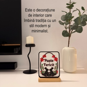 Decoratiune Paste Fericit, Eco-friendly, Baza din Lemn Natural, Multicolor, 19 cm, Handmade, Decor Interior Birou, Sufragerie, Cadou Paste, Printat 3D din PLA Eco (plastic biodegradabil), DECORADI® - Img 4