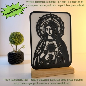 Decoratiune religioasa Fecioara Maria – DECORADI®, Eco-friendly, Baza din Lemn Natural, Design Modern, Alb / Negru 20 cm – Cadou sau Decoratiune de interior spirituala si minimalista, Printat 3D din PLA Eco (plastic biodegradabil) - Img 3