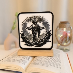 Decoratiune religioasa Iisus Hristos inaltat, design modern, alb/negru, 17x14x4cm