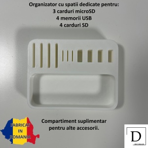 Organizator 4 Memorii USB, 4 Carduri SD, 3 Carduri MicroSD + Minitavita, Multifunctional, Alb, 9 X 7 cm, imprimat 3D din PLA (Bioplastic) - Img 2
