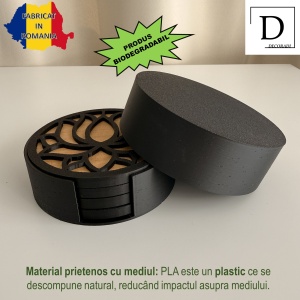 Set 4 suporturi / coastere pahare, Lotus, rotund, diametru 10.5 cm, baza din lemn natural, Negru / Auriu, cutie inclusa, imprimate 3D - Img 3