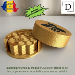 Set 6 suporturi / coastere pahare, Albinute, hexagon, diametru 9 cm, Auriu, cutie inclusa, imprimate 3D - Img 3