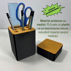 Set organizator de birou multifunctional, Suport 6 instrumente de scris si accesorii (12 X 9 X 9 CM) + Cutiuta suplimentara cu capac (4 X 9 X 9 CM), Auriu/Negru, imprimat 3D din PLA (Bioplastic) - Img 3