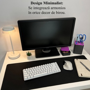 Set organizator de birou multifunctional, Suport 6 instrumente de scris si accesorii (12 X 9 X 9 CM) + Cutiuta suplimentara cu capac (4 X 9 X 9 CM), Mov/Negru, imprimat 3D din PLA (Bioplastic) - Img 4