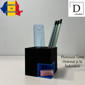 Suport articole birou 2 in 1, Multifunctional, Suport instrumente de scris si accesorii + compartiment inferior fix, Albastru/Negru, 8 CM, imprimat 3D din PLA (Bioplastic) - Img 2