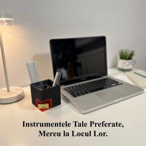 Suport articole birou 2 in 1, Multifunctional, Suport instrumente de scris si accesorii + compartiment inferior fix, Rosu/Negru, 8 CM, imprimat 3D din PLA (Bioplastic) - Img 5