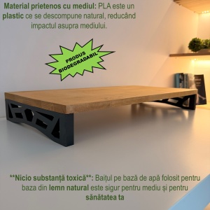 Suport monitor, 60 X 30 X 8 CM, Picioare printate 3D din PLA (Bioplastic), Negru, Panou din lemn natural (Fag) - Img 3