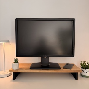 Suport pentru monitor, 60 X 20 X 8 CM, Picioare printate 3D din PLA (Bioplastic), Negru, Panou din lemn natural (Fag)