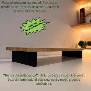 Suport pentru monitor, 60 X 20 X 8 CM, Picioare printate 3D din PLA (Bioplastic), Negru, Panou din lemn natural (Fag) - Img 3