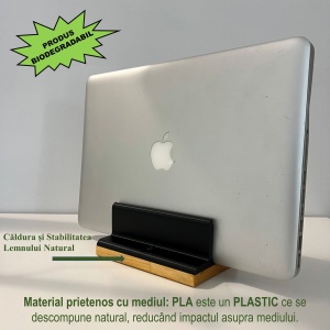 Suport vertical pentru laptop cu baza din lemn natural, Latime Reglabila 14-27 mm, Protectie anti-alunecare, negru, imprimat 3D din PLA (Bioplastic) - Img 4