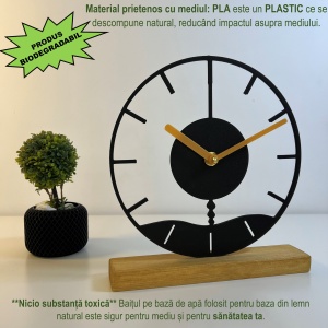 Ceas de birou - Mecanism SILENTIOS – DECORADI®, Eco-friendly, Baza din Lemn Natural, Design Abstract, Negru 22 cm – Cadou sau Ceas de camera decorativ cu design modern, Printat 3D din PLA Eco (plastic biodegradabil) - Img 3
